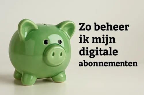 Lichtgroen porseleinen spaarvarkentje naast tekst over digitale abonnementen